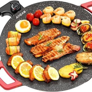 AORAN Parrilla Eléctrica Portátil para Barbacoa Coreana, Sartén para Grill Antiadherente, Parrilla Interior sin Humo, Control de Temperatura Ajustable, Comal para Estufa Eléctrica, Ideal para Parrilladas, Carne, Tacos, y Más.